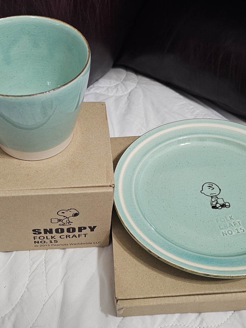 Snoopy Folk Craft Mint Green Ceramic Plate and Cup Set